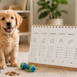 A bright, friendly blog-style image showing a happy puppy sitting beside a simple monthly training calendar, with a lead, treats, and a toy nearby. Warm home setting, clean and professional, cheerful colours, suitable for a puppy training website, realistic style, 16:9.