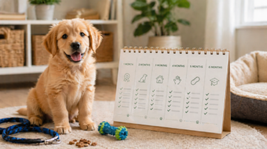 A bright, friendly blog-style image showing a happy puppy sitting beside a simple monthly training calendar, with a lead, treats, and a toy nearby. Warm home setting, clean and professional, cheerful colours, suitable for a puppy training website, realistic style, 16:9.