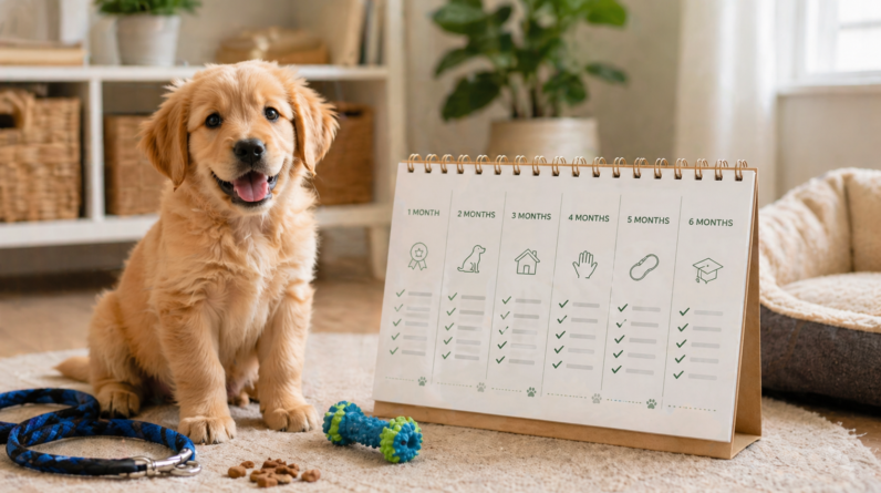 A bright, friendly blog-style image showing a happy puppy sitting beside a simple monthly training calendar, with a lead, treats, and a toy nearby. Warm home setting, clean and professional, cheerful colours, suitable for a puppy training website, realistic style, 16:9.