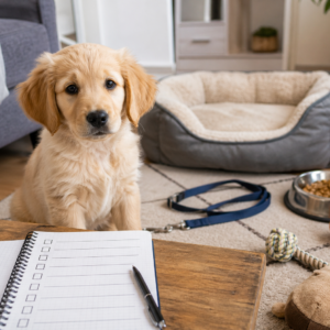The first 7 days with your new puppy guide showing daily puppy training steps, feeding, crate comfort, toilet training and socialisation.