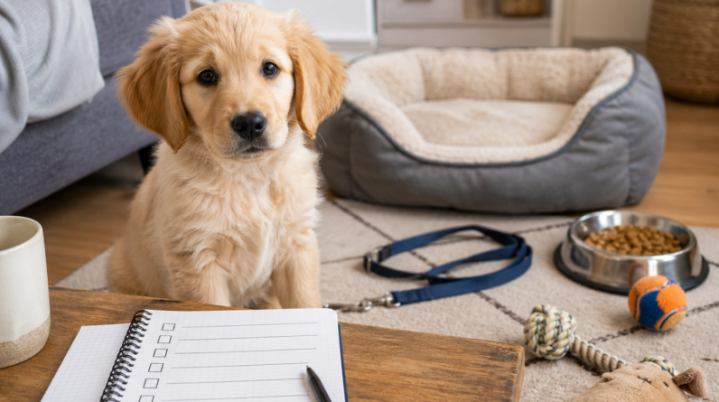 The first 7 days with your new puppy guide showing daily puppy training steps, feeding, crate comfort, toilet training and socialisation.